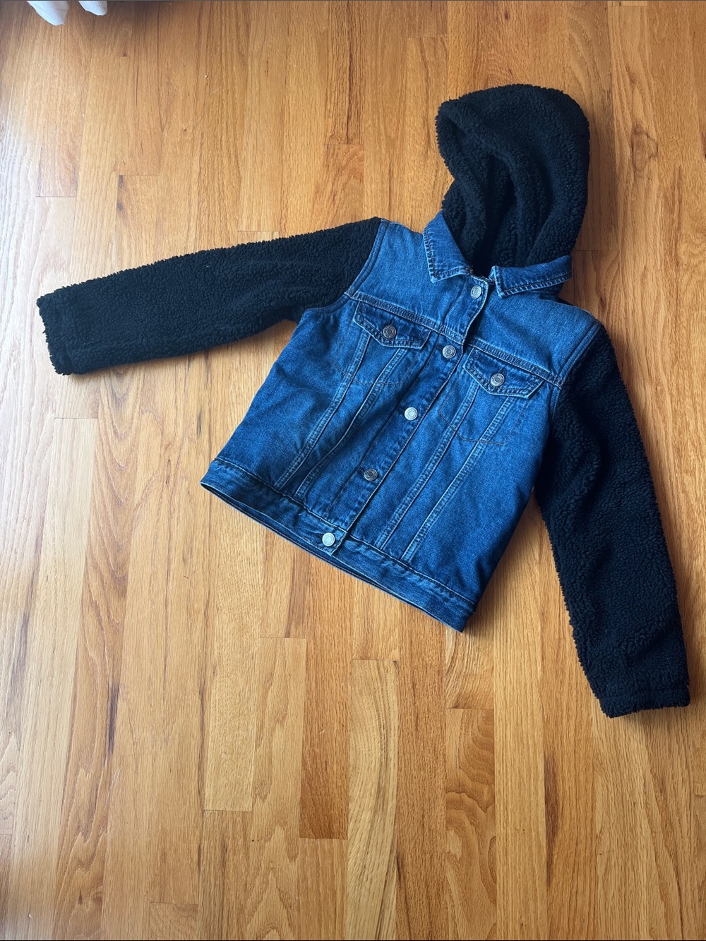 Kids Gap Denim Jacket with Black Sherpa Hood and Sleeves Size Medium 8